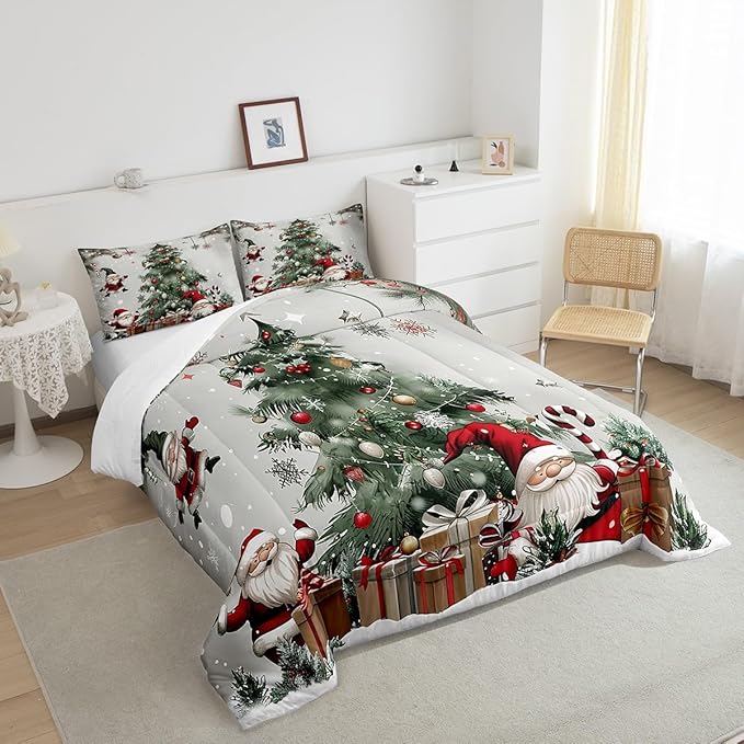 Merry Christmas Comforter Set King Size,Christmas Tree Snowflake Duvet Insert for Kids Boys Girls Room Decor,Santa Claus X'mas Theme Bedding Set 3Pcs,Star Polka Dot Glitter Quilt Set,2 Pillowcases