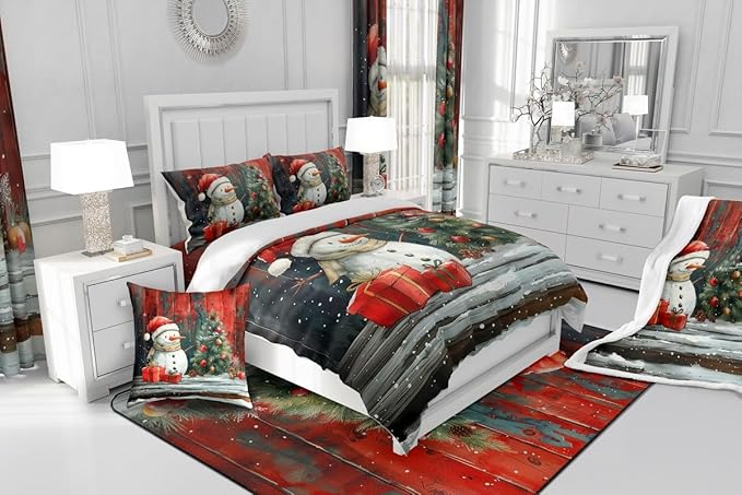 Merry Christmas Comforter Set Twin Size,Snowman Christmas Tree Bedding Set for Kids Boys Girls Room Decor,Snowflake Winter Theme Quilt Set 2Pcs,Retro Rustic Barn Stripes Duvet Insert,1 Pillowcase