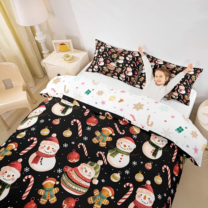 Feelyou Merry Christmas Duvet Cover Queen Size Gingerbread Man Snowman Comforter Cover for Boys Girls Candy Cane Bell Xmas Decor Bedding Set 3Pcs Reversible Xmas Decor Room Decor