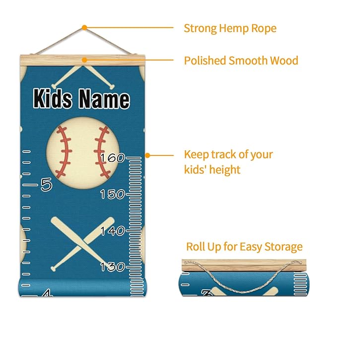 Personalized Kids Name Growth Chart Ruler for Wall Wood Frame Height Measure Chart 13.4x56 in Linen Hanging Height Growth Chart Baseball and Baseball Bat Sport Kids Room Decor