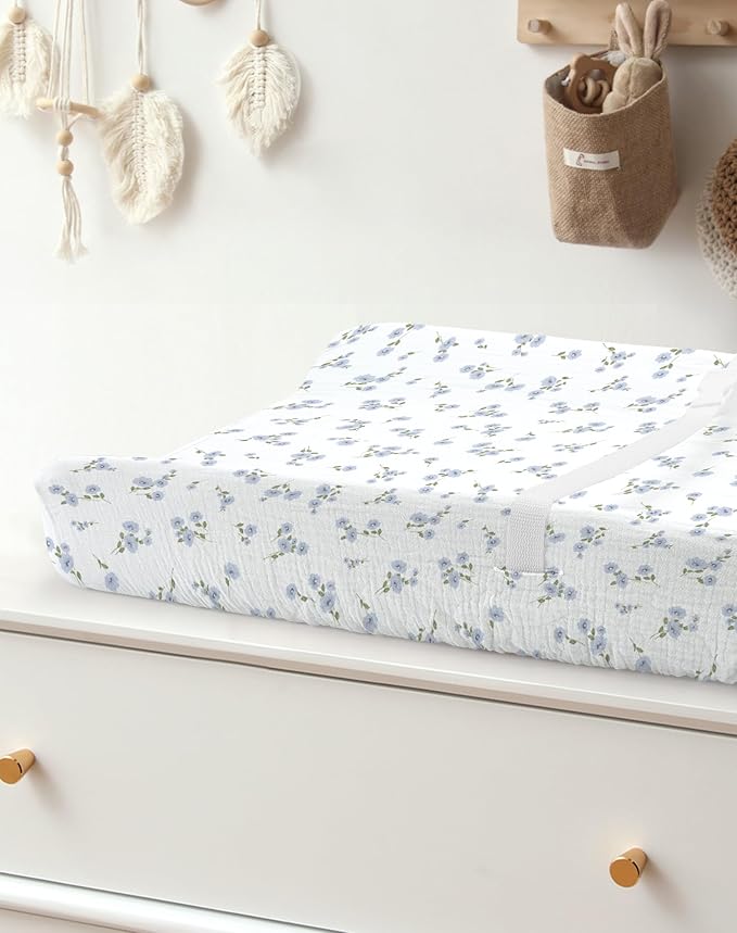 Changing Pad Cover for Baby Boy Girl 2 Pack, Muslin Changing Table Pad Covers with Boho Style, Neutral Nursery Bedding Essentials Soft and Breathable (Bluebell Bloom & Light Blue)