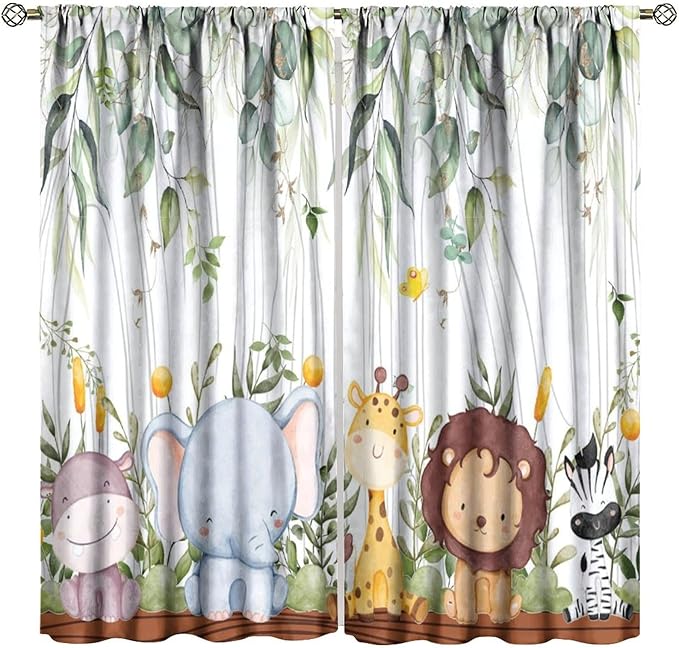YCness Forest Animal Curtains, Watercolor Wild Animal Bear Fox Deer Kids Window Treatments for Living Room Bedroom, Green Woodland Tree Kids Drapes 2 Panel Sets,63x63 Inch