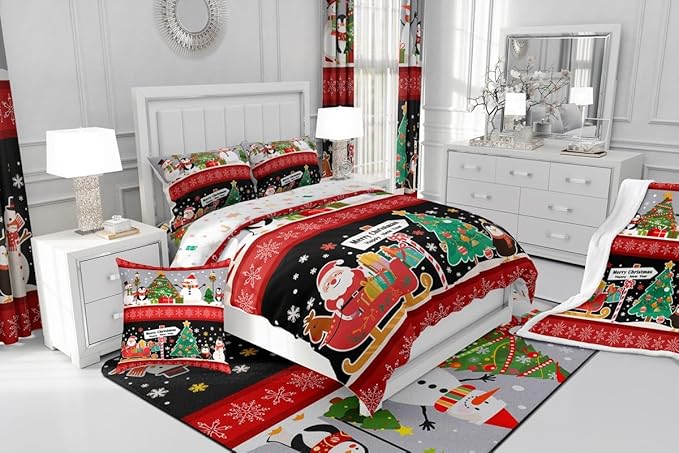 Erosebridal Christmas Tree Decor Quilts Cartoon Snowman Comforter Set for Teens Kids Boys Xmas Deer Elk Santa Claus Bedding Set for New Year Snowflake Red and Black Duvet Insert Toddler Size