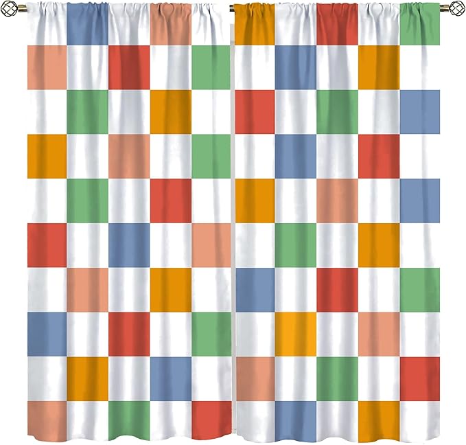 Retro Checkered Curtains,70s Vintage Twisted Checkered Window Drapes Colorful Groovy Trendy Wavy Hippie Grid Print Window Treatments for Kids Girls Bedroom Living Room Bathroom 63" W X 63" L