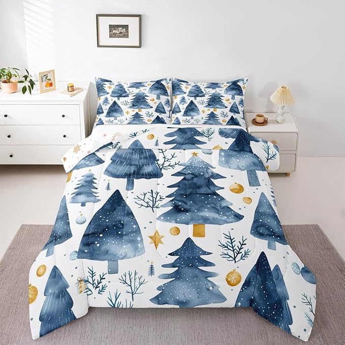 Feelyou Christmas Comforter Set All Season Xmas Tree Bedding Set with 1 Pillow Cases Watercolor Blue Microfiber Kids Toddler Bedclothes Snowflake Bedroom Decor Duvet Quilt Breathable Soft Lightweight