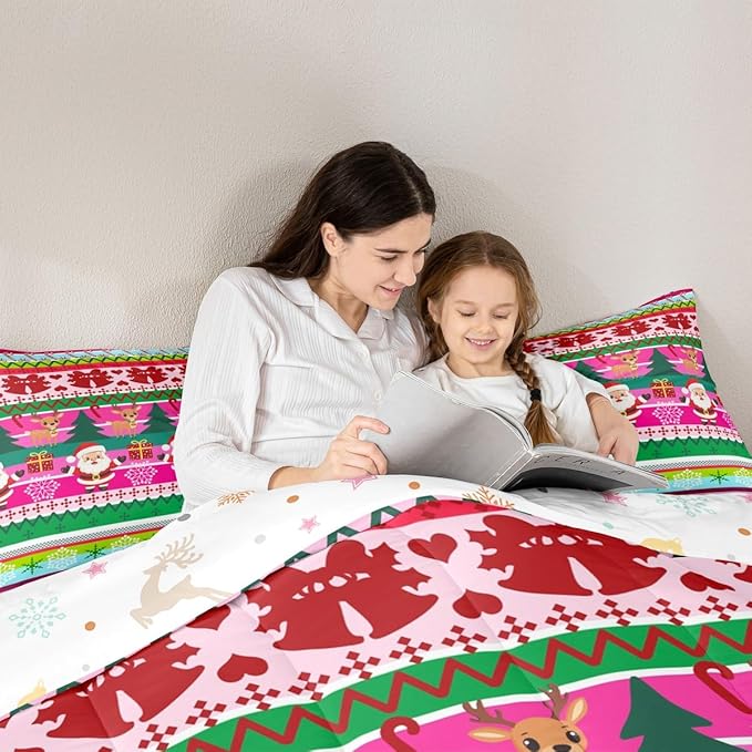 Feelyou Merry Christmas Comforter Set All Season Santa Claus Bedding Set with 1 Pillow Cases Cute Deer Microfiber Kids Toddler Bedclothes Snowflake Bedroom Decor Duvet Quilt Breathable Soft
