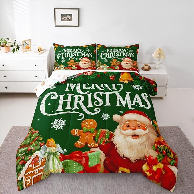 Feelyou Green Christmas Comforter Set All Season Santa Claus Bedding Set with 1 Pillow Cases Gingerbread Microfiber Kids Twin Bedclothes Bedroom Decor Duvet Quilt Breathable Soft