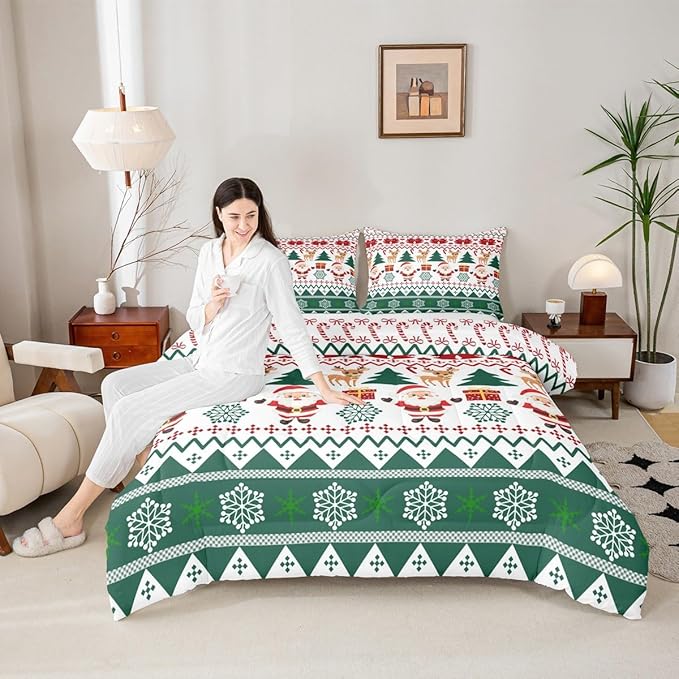 Feelyou Merry Christmas Kids Comforter Set Toddler Size Santa Claus Bedding Set Cute Deer Duvet Quilt for Kids Boys Girls Bedroom Snowflake Decor Microfiber Ultra Soft Breathable