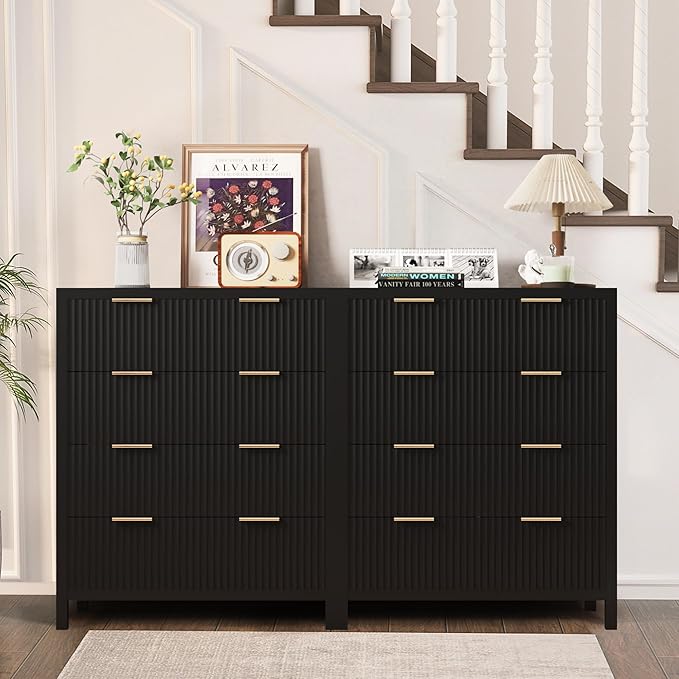 4 Drawer Double Dressers for Bedroom with Waveform Fluted Panel Design, Modern Wide Chest of Drawers,Wood Storage Dresser Chest of Drawers for Bedroom Living Room Hallway Closet, Black 2 Sets