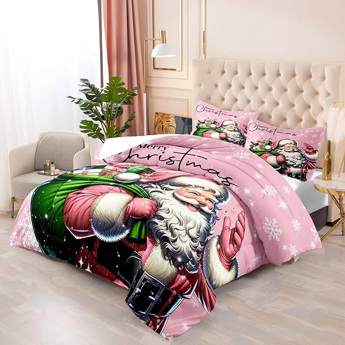 LUVIVIHOME 2PCS Merry Christmas Comforter Set Twin Size, Funny Santa Claus Bedding, Kids Teens Girls Bedding, Winter Snowflake New Year Christmas Bedroom Decor, Pink Quilt, Xmas Gifts, 1 Pillow Sham