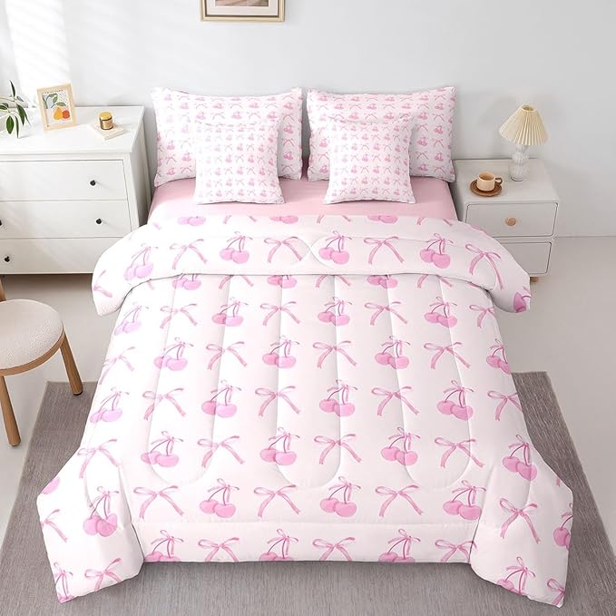 7 Pieces Cartoon Bowknot Kids Comforter Set Queen,Pink Bow Tie Butterfly Knot Princess Bedding Set,Cherry Bow Patchwork Romantic（Comforter+Fitted+Flat Sheet+2 Pillowcases+2 Throw Pillow Covers）