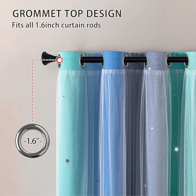 XiDi Girls Curtains for Bedroom 90 Inches Long 2 Panels Blue Green Grey Rainbow Blackout Curtains for Little Girl Kids Room Decor Living Room, Princess Unicorn Wall Decals Drapes 52x90