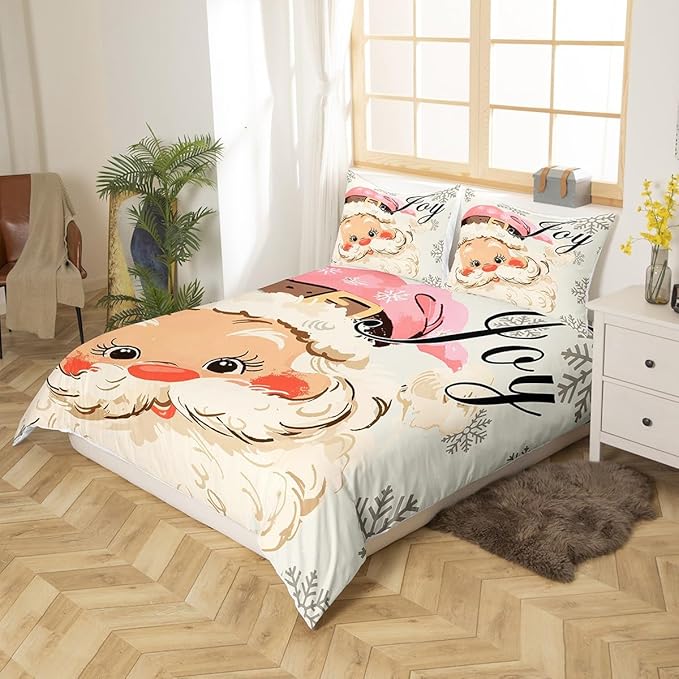 jejeloiu Pink Christmas Bedding Set for Kids Boys Girls Santa Claus Comforter Cover Set King Size New Year Decor Duvet Cover Bedroom Decor Xmas Bedspread Cover Bedding Collection 3Pcs