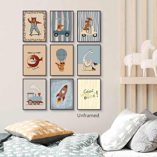 9 Pieces Nursery Animals Canvas Wall Art, Kids Room Cute Bear Dog Cat Giraffe and Bunny Picture, Skateboard Cars Rocket and Hot Air Balloon Poster for Boys Bedroom Playroom 8x12in Unframed