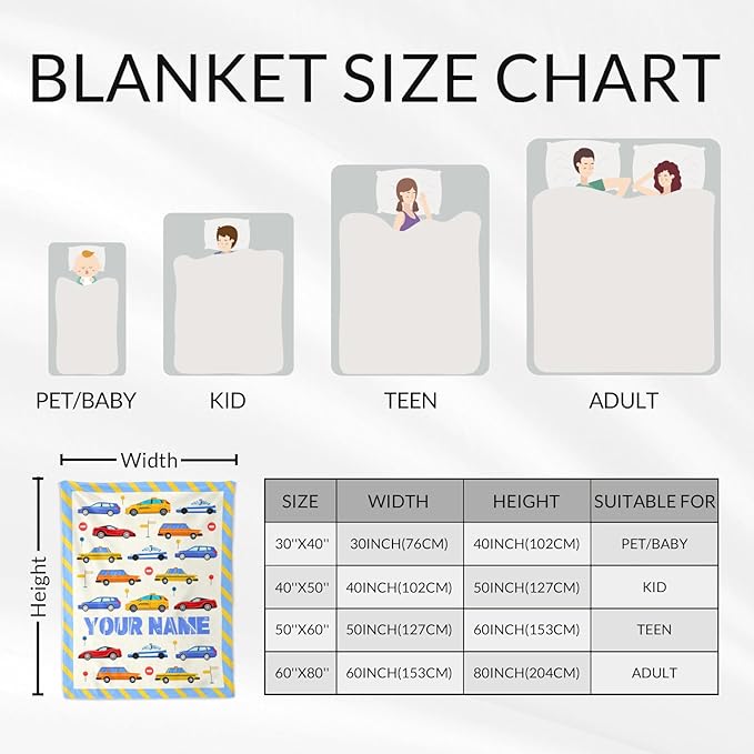 Custom Cute Blanket Gifts for Boys - 60" x 80" Inches Car Throws Gift for Men Teens - Cute Blue Warm Cozy Blanket for Bed, Couch, Travel
