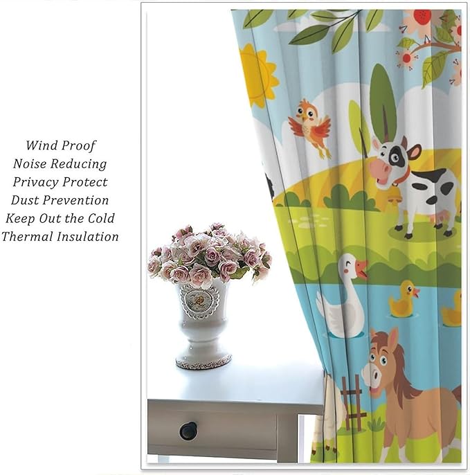 Farmhouse Curtains, Farm Scene Cartoon Animals Pattern Window Treatments, Rod Pocket Thermal Insulated Drapes 2 Panel Sets for Children Boys Bedroom Nursery Classroom, 42" W X 45" L【Decor】
