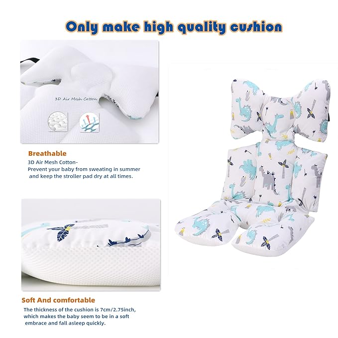 Baby Seat Pad Liner for Stroller–Soft and Breathable，3D Air Mesh Cotton Universal Baby Stroller Cushion (Dinosaur)