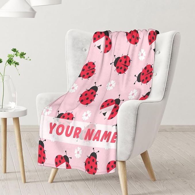 Custom Ladybug Blanket for Girls - 30 x 40 Inches Cute Lady Bug Gifts for Kids - Soft Fuzzy Pink Throw Blankets for Crib, Lap