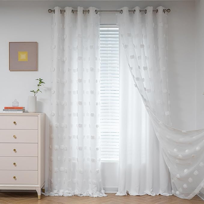 MYSKY HOME White Curtains for Living Room 90 Inches Long Nursery Curtains for Bedroom Double Layer Curtains White Pom Pom Sheer Curtains for Dining Room Grommet Room Darkening Window Panels W52 X L90