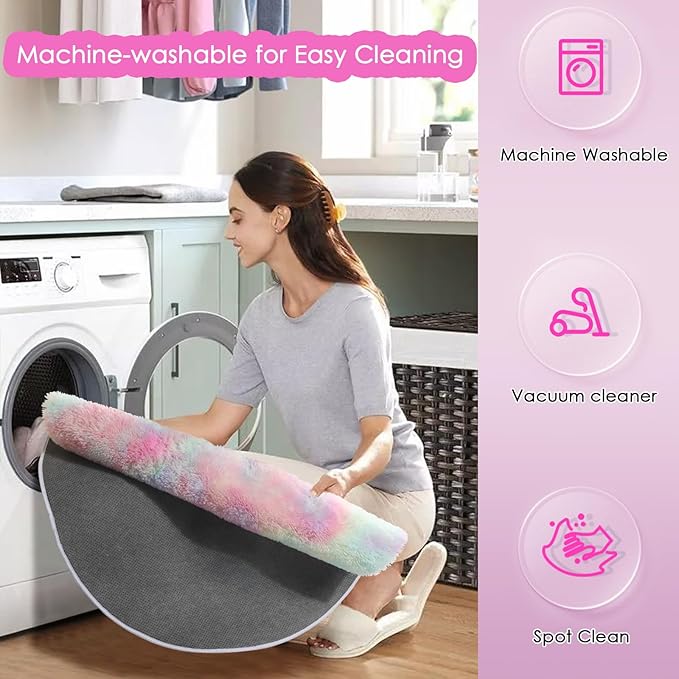 Amdrebio Rainbow Fluffy Round Rug 5Ft Kids Rugs for Girls Bedroom, Unicorn Room Decor, Colorful Pastel Shag Carpet for Playroom Baby Nursery, Cute Furry Kawaii Circle Area Rug for Toddler Princess