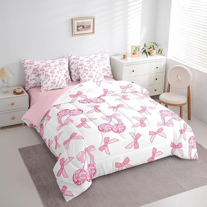 7 Pieces Cartoon Bowknot Kids Comforter Set Twin,Western Cowgirl Disco Ball Retro Bedding Set,Bow Tie Cute Princess Pink Romantic（Comforter+Fitted+Flat Sheet+2 Pillowcases+2 Throw Pillow Covers）