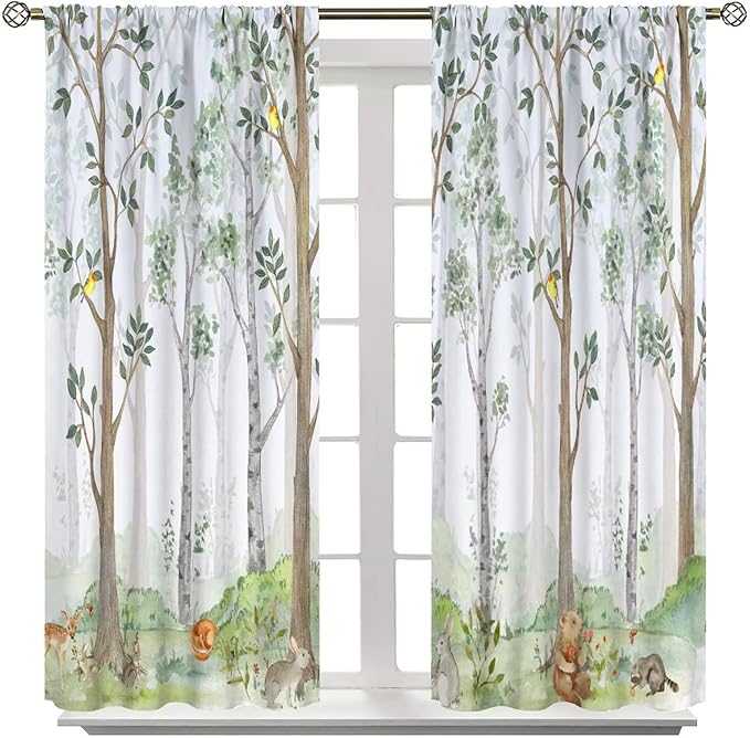Kids Animal Curtains, Watercolor Natural Forest Animal Hedgehog Fox Butterfly Rabbits Forest Print Curtain Boys and Girl Bedrooms 42x45 Inch