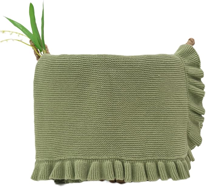 Cotton Baby Blanket with Ruffle Edge Soft Breathable Newborn Blanket for Boys & Girls, Lightweight Knit Throw for Crib, Stroller & Nursery Multiple Colors Available Sage Green 30x30
