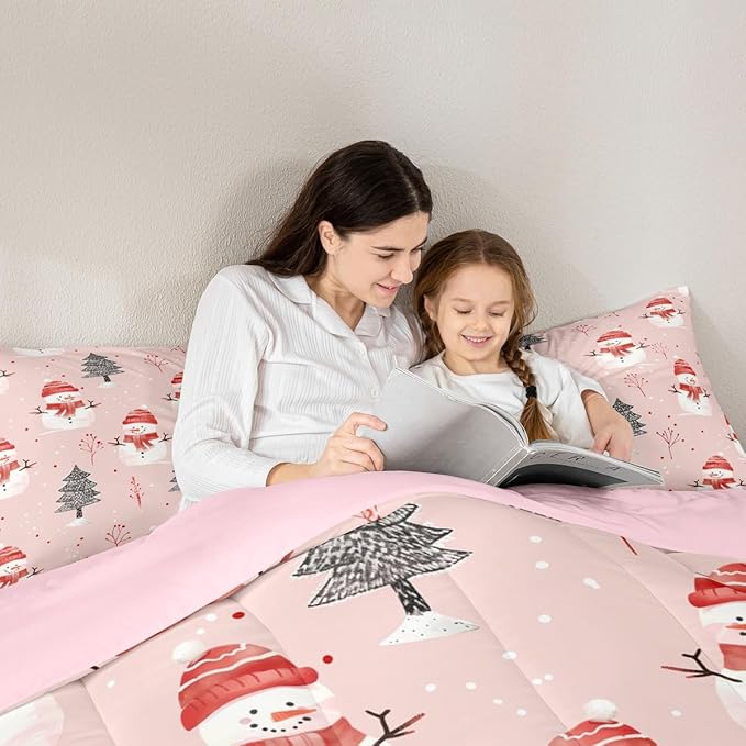 Feelyou Cute Snowman Bedding Set Soft for Boys Girls, Christmas Trees Comforter Set Toddler Size Xmas Snowflake Duvet Quilt Microfiber Christmas Decor Bedroom Decor Holiday 2 Pcs with 1 Pillow Cases