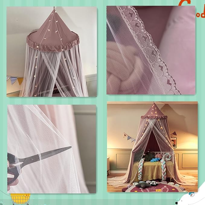 VETHIN Bed Canopy for with Lights,Double Layer Princess Round Dome Dreamy Mosquito Net Bedding Girls Room Castle Play Tent Hanging House Decor Reading Nook Canopies(Jujube Red/White)