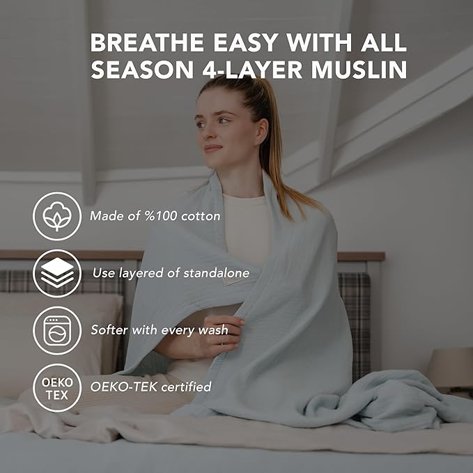 Goqan Muslin Blanket King Size 90x108 – 100% Cotton 4 Layer Boho Muslin Blanket for Adults, Lightweight, Soft, Breathable for Bed, Couch - Sage Green