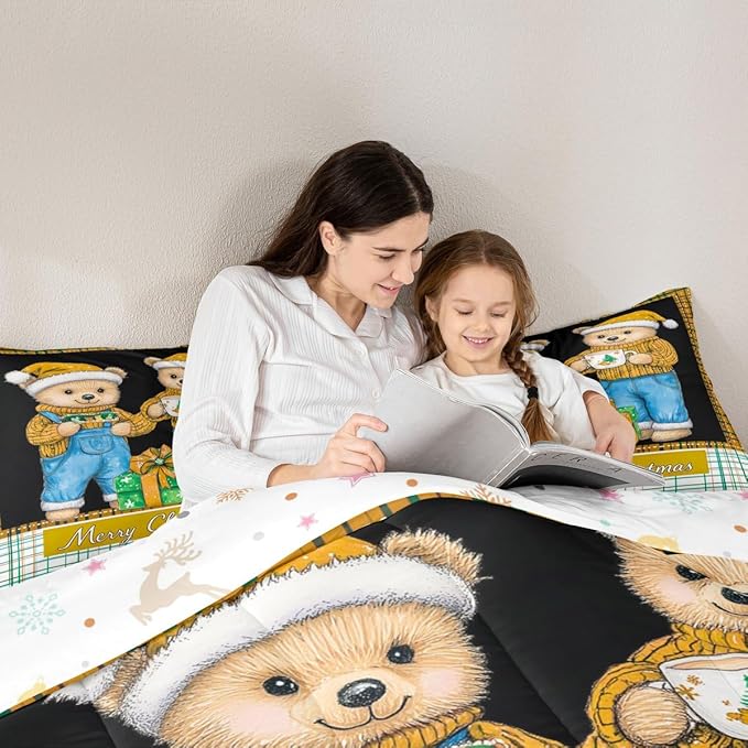 Feelyou Merry Christmas Comforter Set All Season Cute Bear Bedding Set with 2 Pillow Cases Microfiber Kids Full Bedclothes Winter Bedroom Decor Duvet Quilt Breathable Soft