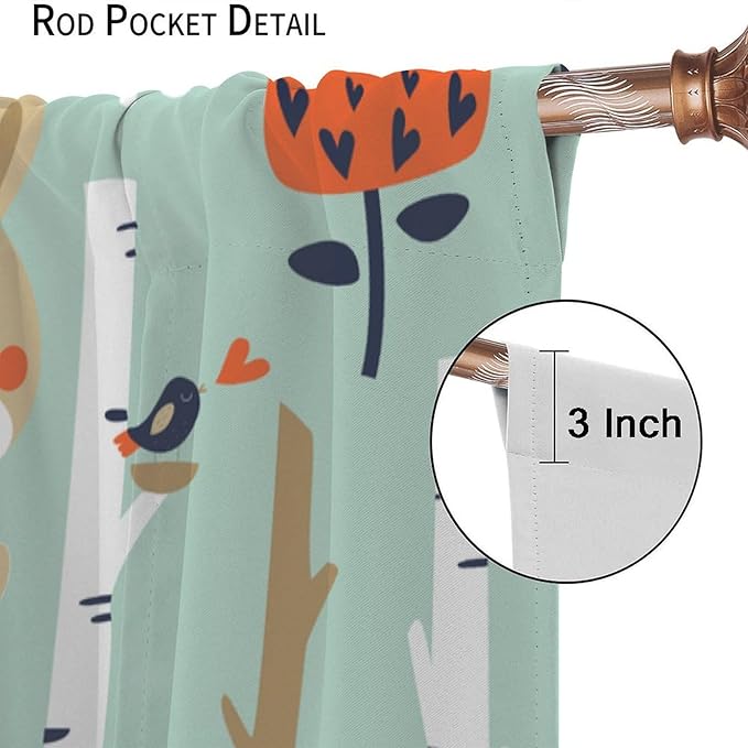 Cute Animals Curtains, Cartoon Fox Hedgehog Hare Forest Trees Blackout Window Treatments, Rod Pocket Thermal Insulated Drapes 2 Panel Sets for Kids Bedroom Nursery Classroom, 42" W X 45" L