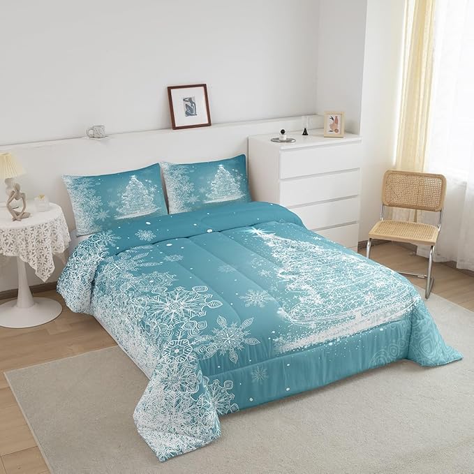 Castle Fairy Merry Christmas Comforter Set Twin Size,Glitter Xmas Trees Shiny Light Decor Bedding Set for Kids Boys Men,Blue Shiny Stars Snowflake Quilted Duvet Set with 1 Pillowcase