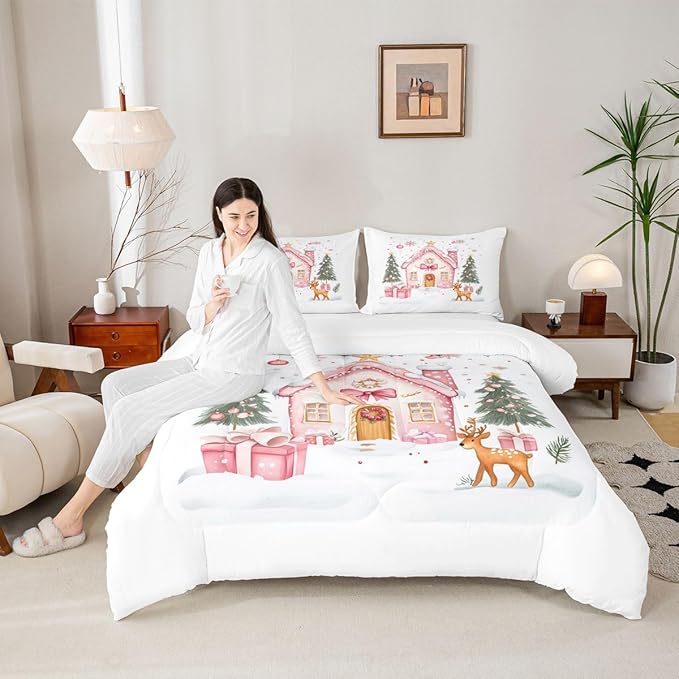 Feelyou Gingerbread House Bedding Set Soft for Boys Girls, Christmas Tree Comforter Set King Size Reindeer Duvet Quilt Microfiber Snowflake Bedroom Decor Holiday Scene 3 Pcs with 2 Pillow Cases