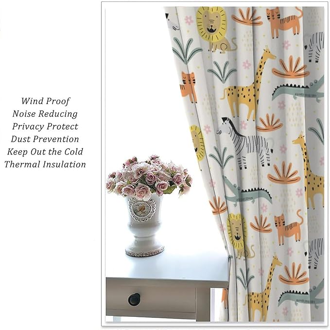 Wild Animals Curtains, Cute Cartoon Animals Zoo with Lion Zebra Crocodile Cat and Giraffe Tropical Jungle Plant Print Window Treatments for Kids Boys Girls Bedroom Living Room 42x54 Inch
