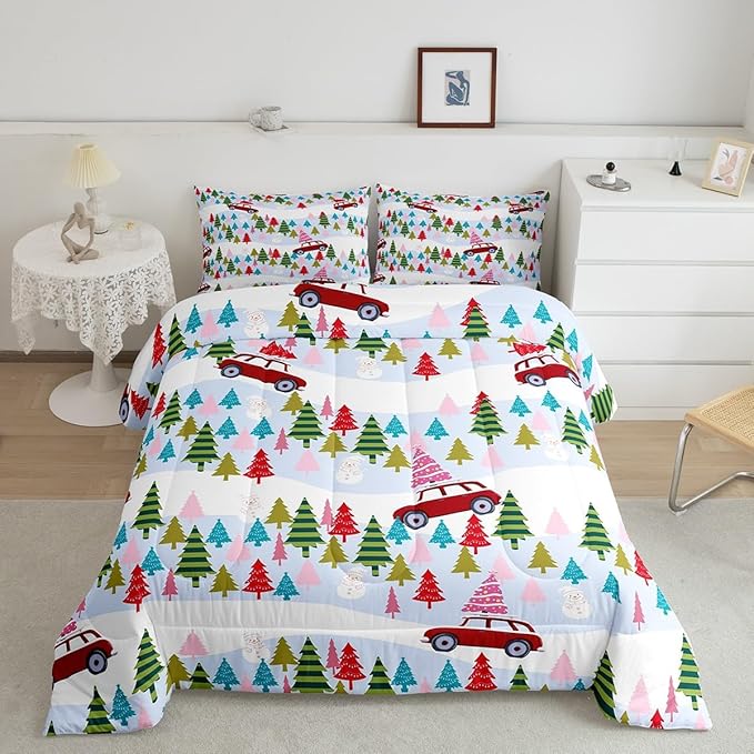 Feelyou Christmas Trees Bedding Set for Kids Boys Girls King Size Christmas Truck Comforter Set Ultra Soft Winter Snowman Comforter Xmas Duvet Quilt Bedroom Decor Christmas Ornaments Quilt
