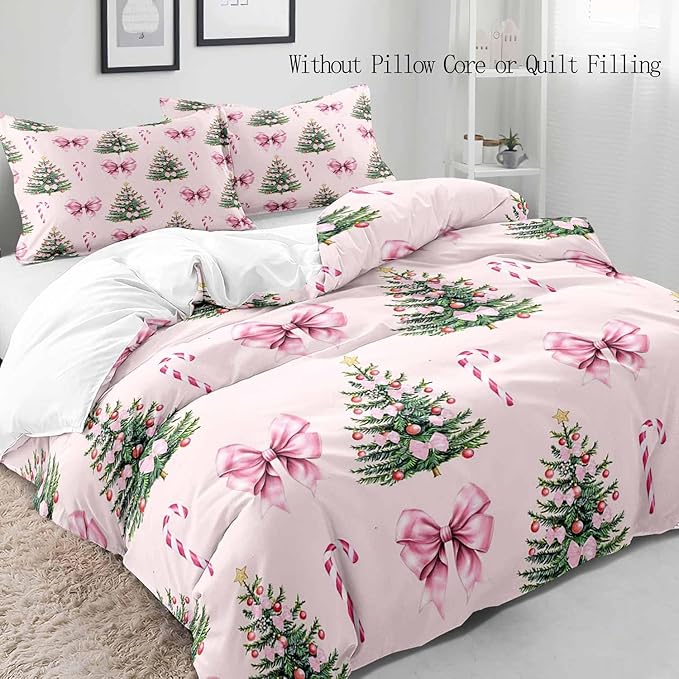 LUVIVIHOME 3PCS Pink Bow Christmas Tree Duvet Cover Full Bedding Set, Teen Girls Bedding, Xmas Tree Candy Cane Winter Holiday Christmas Comforter Cover, Coquette Room Decor Aesthetic, 2 Pillow Shams
