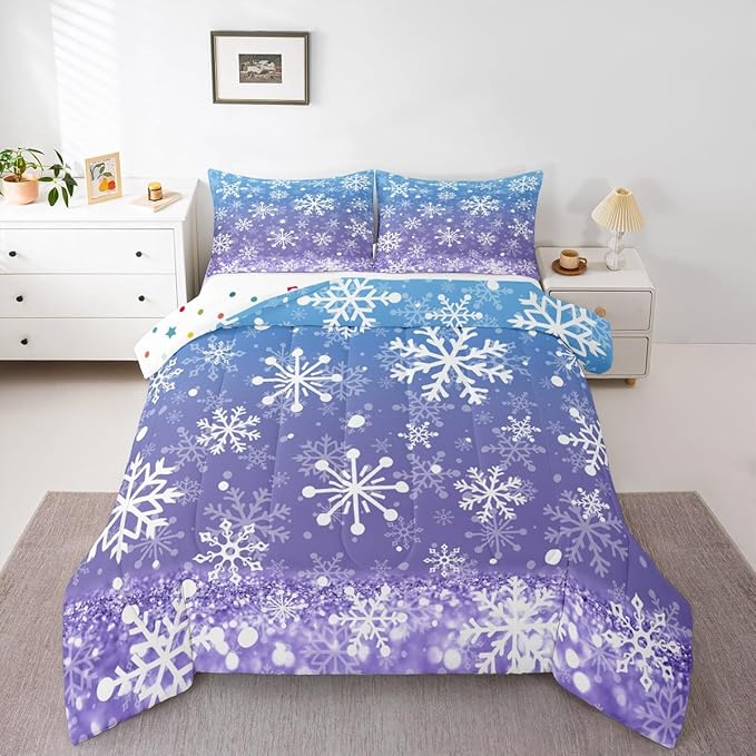 Feelyou Blue and Purple Snowflake Bedding Set Soft for Boys Girls, Winter Snowflake Comforter Set Queen Size Christmas Duvet Quilt Microfiber Holiday New Year Bedroom Decor 3 Pcs with 2 Pillow Cases