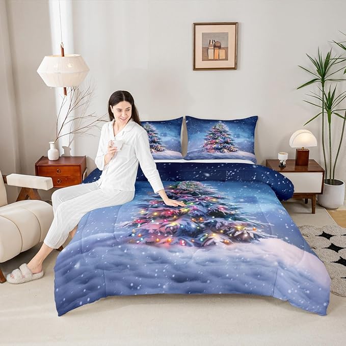 Feelyou Christmas Comforter Set All Season Xmas Tree Bedding Set with 2 Pillow Cases Colored Light Strips Microfiber Kids King Bedclothes Snowflake Bedroom Decor Duvet Quilt Breathable Soft