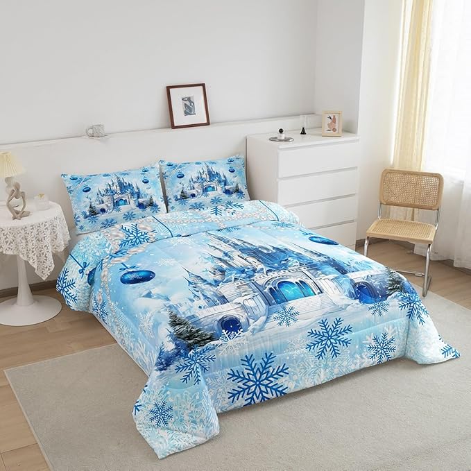 Dreamy Castle Comforter Set King Size,Princess Blue Winter Snowflakes Bedding Set All Season Quilt Set,Fairy Tale Theme Watercolor Christmas Microfiber Polyester Down Comforter