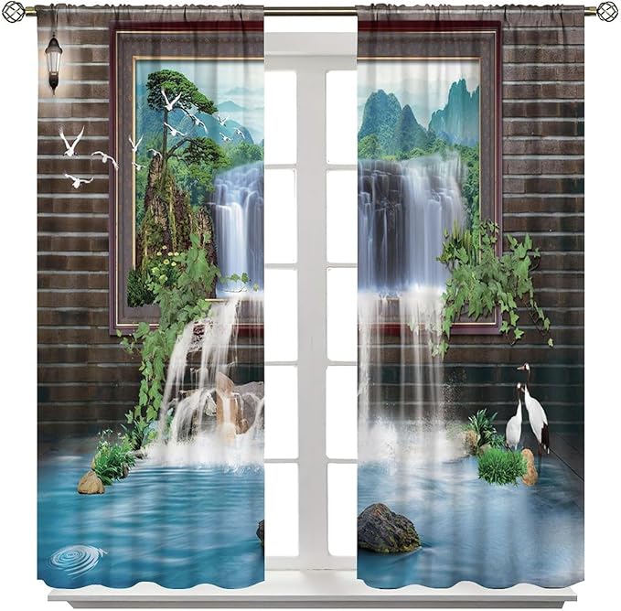 Waterfall Blackout Window Curtains, Tropical Rainforest Jungle Plants Forest Wild Nature Landscape Window Drapes, for Living Room Bedroom 52x84in 2 Panels