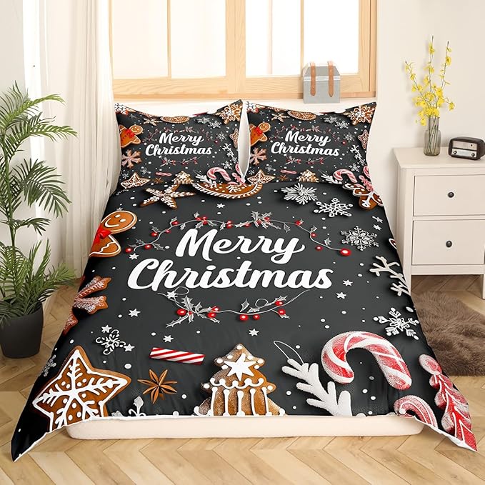 Manfei Christmas Bedding Set 3pcs for Kids Girls Red Cartoon Gingerbread Man Printed Comforter Cover Festival Duvet Cover Set Microfiber Bedspread Cover with 2 Pillow Cases(No Comforter) Queen Size