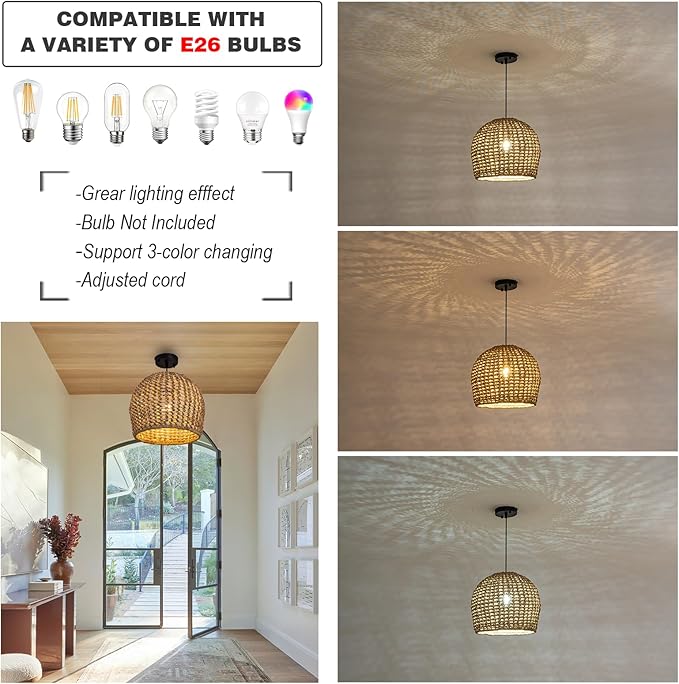 13.8inch Rattan Pendant Lighting, Brown Hand-Woven Dome Pendant Light Adjustable Boho Hanging Lamp Wicker Chandelier for Dining Room Kitchen Island Foyer Restaurant Bedroom Hallway