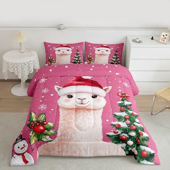 Feelyou Merry Christmas Bedding Set Soft for Boys Girls, Cute Llama Comforter Set Queen Size Snowflake Duvet Quilt Microfiber Christmas Tree Bedroom Decor 3 Pcs with 2 Pillow Cases