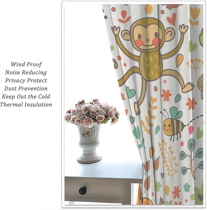 Cute Monkeys Curtains, Zoo Theme Cartoon Funny Animals Crocodile Giraffe Turtle with Flowers Print Thermal Insulation Window Drapes for Kids Boys Girls Baby Bedroom Living Room 42x63in