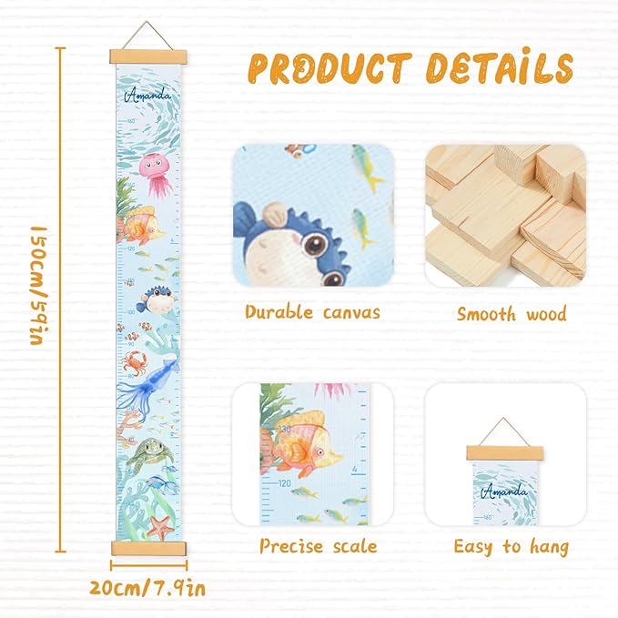 Personalized Name Growth Chart Wall Decor for Kids – Canvas Removable Height Chart Measuring Ruler 59" x 7.9" (Paint Marine Animals)