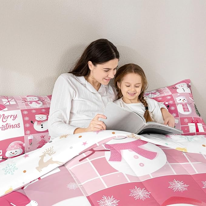 Xmas Comforter Set Twin Size,Snowman Christmas Tree Snowflake Bedding Set for Kids Boys Girls Room Decor,Pink Plaid Patchwork Quilt Set 2Pcs,Merry Christmas Cartoon Duvet Insert,1 Pillowcase