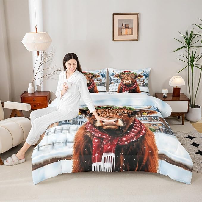 Feelyou Merry Christmas Bedding Set Soft for Boys Girls, Highland Cow Comforter Set Full Size Snowflake Duvet Quilt Microfiber Winter Bedroom Decor 3 Pcs with 2 Pillow Cases
