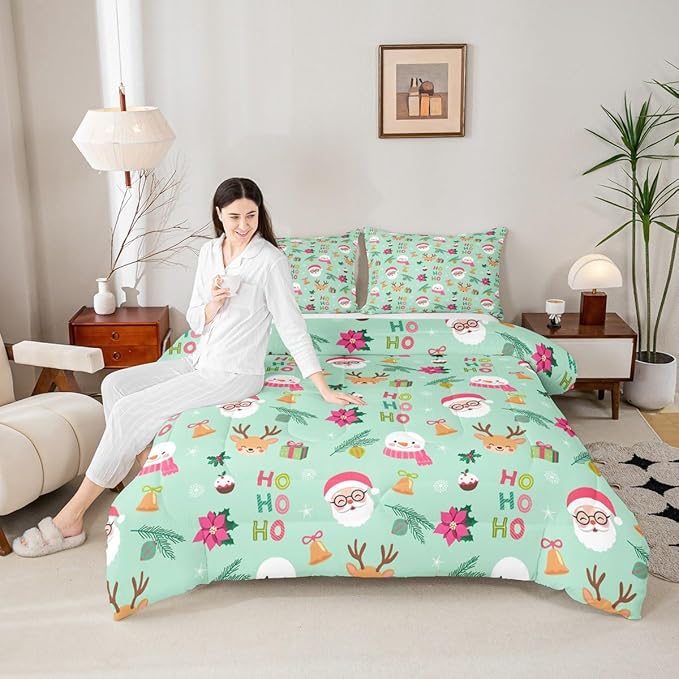 Feelyou Christmas Decor Bedding Set Soft for Boys Girls, Happy New Year Comforter Set Toddler Size Santa Claus Duvet Quilt Microfiber Bedroom Decor 2 Pcs with 1 Pillow Cases