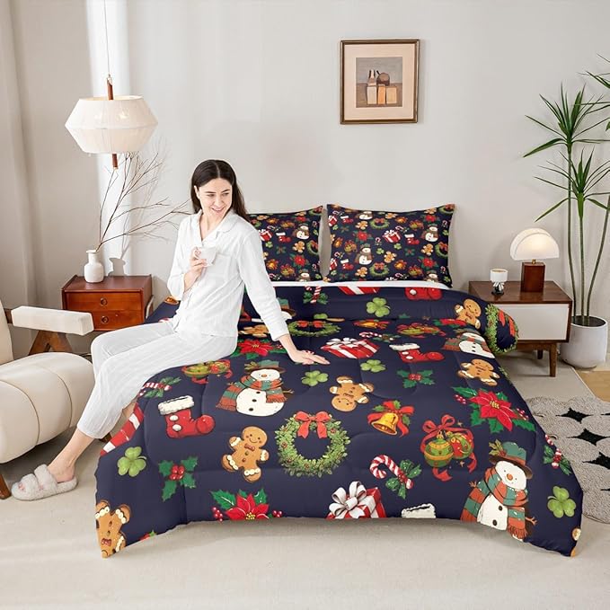 jejeloiu Merry Christmas Comforter Set Toddler Size Cute Snowman Bedding Set for Kids Boys Girls Gingerbread Man Duvet Quilt Dark Blue Bedroom Decor